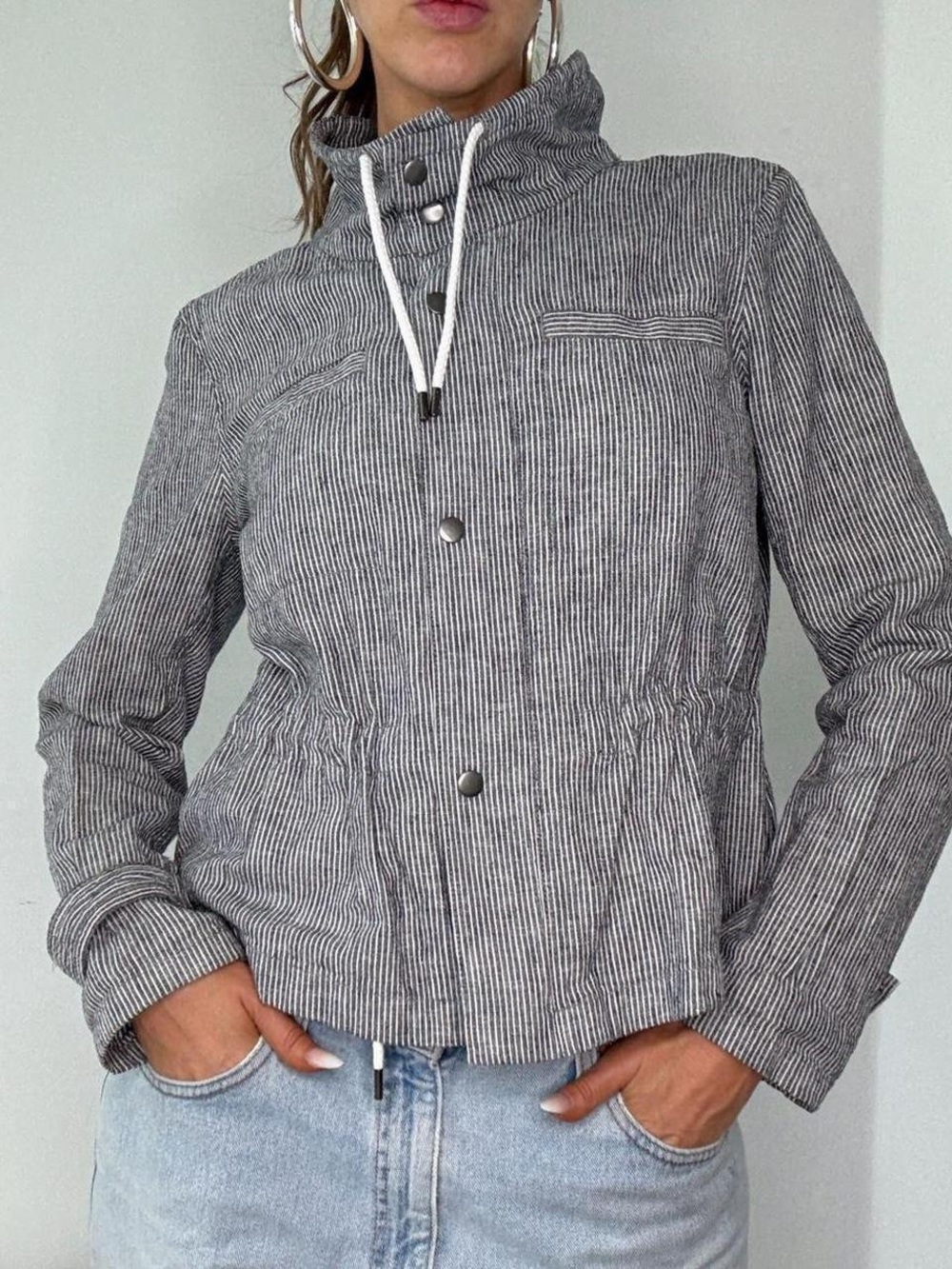 LOFT Linen-Cotton Blend Striped Utility Anorak Jacket size PS